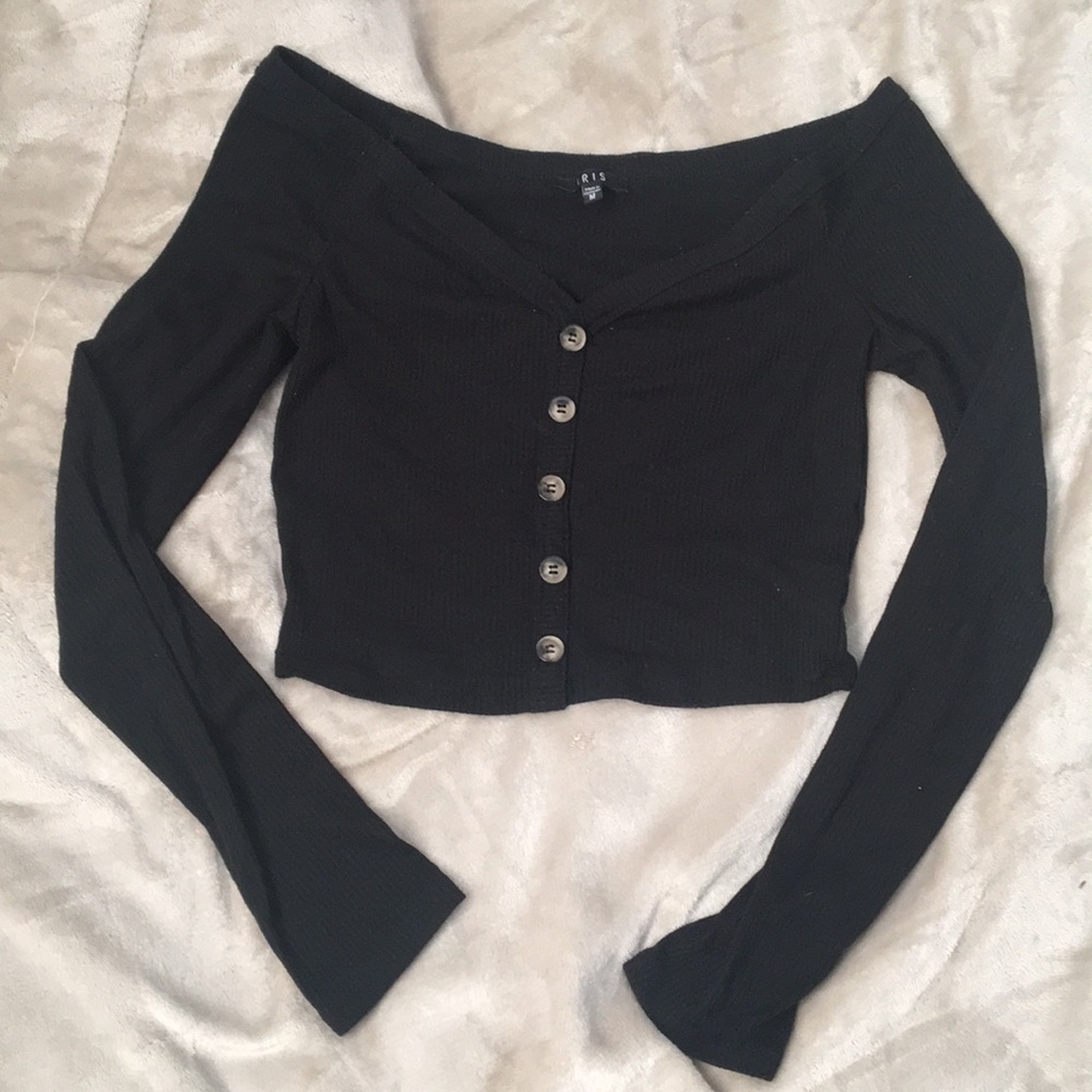 Iris, Black Off The Shoulder Long Sleeve Crop Top